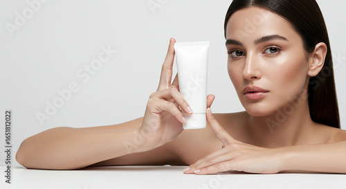 A beautiful woman holding a white cosmetic tube, looking at the camera.