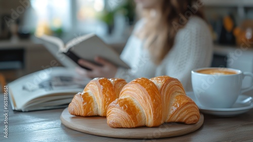Serene morning: Croissants, coffee, and a book enhancing a relaxing moment