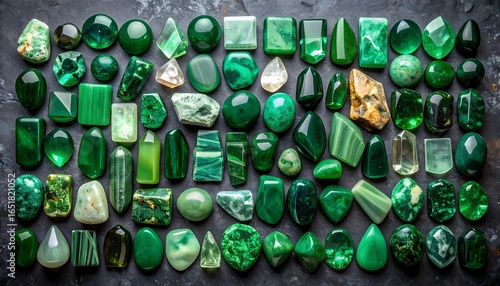 Collection of polished and unpolished green gemstones arranged on dark surface