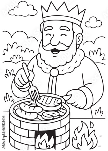 coloring book king grilling sausages over an open fire