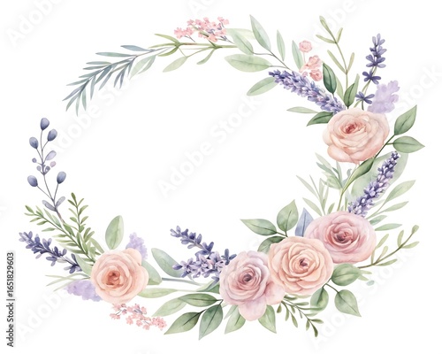 Delicate watercolor floral wreath with soft pink roses and lavender accents on a white background
