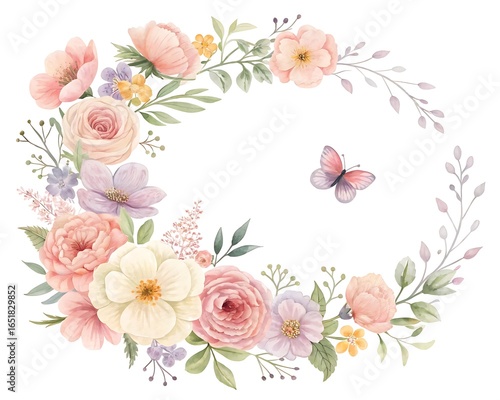 Delicate watercolor floral wreath with soft pastel roses and greenery framing a whimsical butterfly on a white background