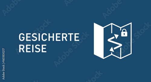 GESICHERTE REISE. Konzept für sicheres Reisen, Urlaub und Navigation. Vektor-Icon mit Karte, Route und Schloss.