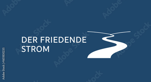 DER FRIEDENDE STROM. Logo mit stilisiertem Fluss auf blauem Hintergrund. Konzept für Frieden, Versöhnung und einen gemeinsamen Weg.