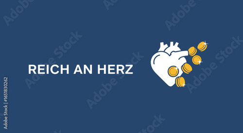 REICH AN HERZ. Konzept der Grosszuegigkeit und Naechstenliebe, ein grosses Herz haben. Vektorillustration eines Herzens, aus dem Goldmuenzen fliessen.