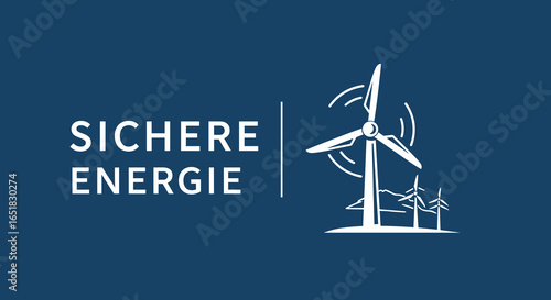 SICHERE ENERGIE. Logo für erneuerbare Energien mit Windrad und Bäumen. Konzept für saubere, sichere und nachhaltige Stromerzeugung.
