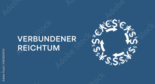 VERBUNDENER REICHTUM. Globaler Finanzkreislauf mit Währungssymbolen wie Dollar, Euro und Yen. Konzept für Weltwirtschaft und Geldwechsel.