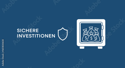 SICHERE INVESTITIONEN. Konzept für sichere Geldanlagen, Finanzen und Vermögensschutz mit Tresor, Geldsäcken und Schutzschild Symbol. Vektor Illustration.