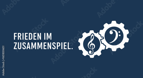 FRIEDEN IM ZUSAMMENSPIEL. Musiknoten in Zahnrädern als Symbol für Harmonie, Kooperation und Teamwork. Konzeptbild für Frieden und Zusammenarbeit.