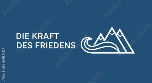 DIE KRAFT DES FRIEDENS. Minimalistisches Logo mit Bergen und Welle, Symbol für Harmonie und Natur.