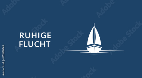 RUHIGE FLUCHT. Minimalistisches Segelboot-Symbol auf blauem Hintergrund. Konzept für Ruhe, Reise und Freiheit.