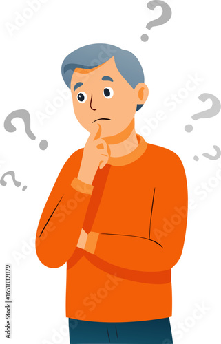 Cartoon Style Elderly Man Deeply Thinking with Question Mark Illustration