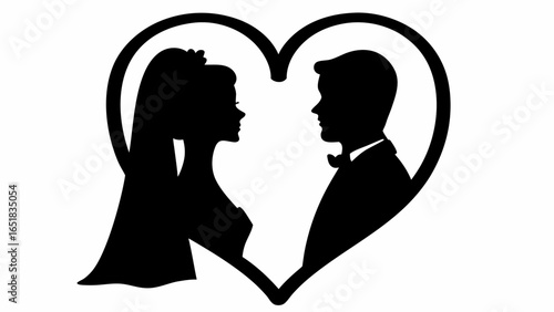 Silhouette of bride and groom inside a heart shape representing love and commitment for marriage day | editable eps vectors