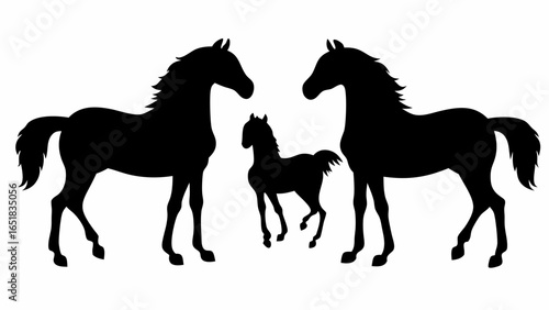 Silhouette illustration of two adult horses and a foal standing side by side on a white background | editable eps vectors