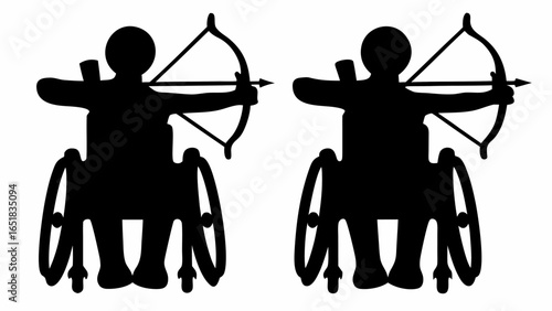 Two silhouettes of archers in wheelchairs aiming bows and arrows at a target in black and white | editable eps vectors