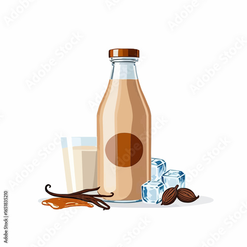 Creamy almond milkshake served with ice cubes and vanilla pods on a bright background, perfect for a refreshing drink