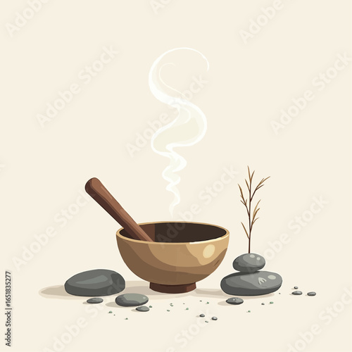 Serenity and stillness captured in a simple bowl with steam rising peacefully amidst stones and gentle greenery