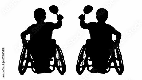 Two silhouettes of people in wheelchairs holding paddles in a symmetrical black and white composition | editable eps vectors