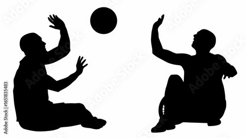 Silhouetted figures playing with a ball one in a wheelchair reaching up to catch the ball in the air | editable eps vectors