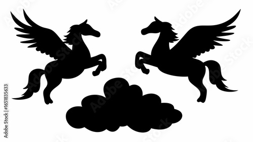 Two pegasus silhouettes facing each other above a cloud formation in a simple black and white design | editable eps vectors