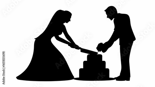 Silhouette of bride and groom cutting a wedding cake together during the wedding ceremony event celebration | editable eps vectors
