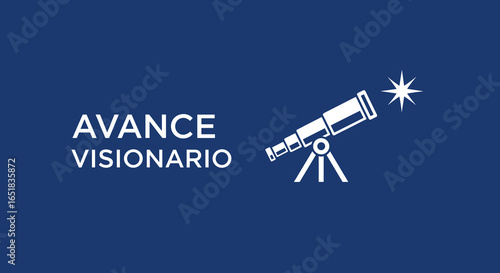 AVANCE VISIONARIO. Concepto de futuro, progreso y descubrimiento con telescopio apuntando a una estrella. Ilustración de metas y éxito.