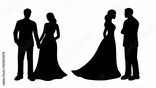 Silhouettes of two couples one holding hands and the other facing each other in formal attire design | editable eps vectors