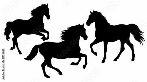 Three horses depicted as black silhouettes in various dynamic poses against white background | editable eps vectors