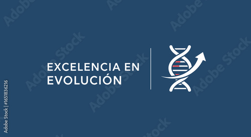 EXCELENCIA EN EVOLUCIÓN. Concepto de crecimiento, progreso y desarrollo con icono de ADN y flecha ascendente.