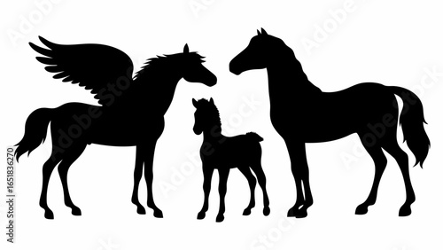 Silhouette illustration of a pegasus with wings a horse and a foal standing together in black color design | editable eps vectors