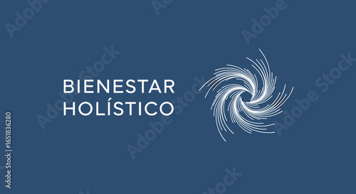 BIENESTAR HOLÍSTICO. Concepto de salud, equilibrio y energía con símbolo abstracto en espiral sobre fondo azul.