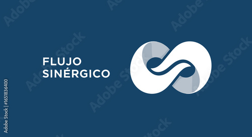 FLUJO SINÉRGICO. Logotipo de símbolo de infinito estilizado sobre fondo azul. Concepto de conexión, continuidad y sinergia para negocios y tecnología.
