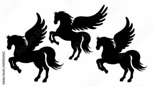 Three pegasus silhouettes in various poses against a white background creating a simple composition | editable eps vectors