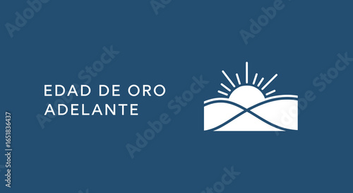 EDAD DE ORO ADELANTE. Logotipo para la tercera edad con sol naciente sobre colinas.