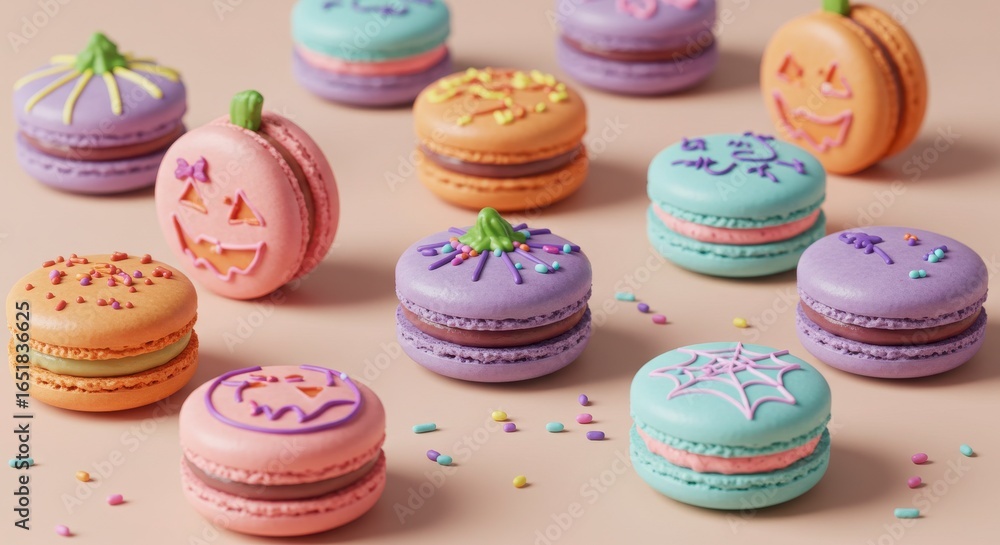 Obraz premium halloween neon-themed macaron pumpkins on pastel background for a joyful halloween celebration