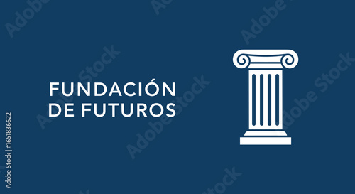 FUNDACIÓN DE FUTUROS. Logotipo con columna iónica blanca sobre fondo azul. Concepto de institución, ley y finanzas.