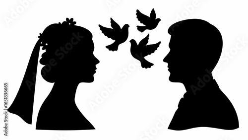Silhouette of bride and groom facing each other with doves flying between them in black and white style | editable eps vectors