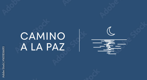 CAMINO A LA PAZ. Ilustracion minimalista de la luna sobre el mar. Concepto de tranquilidad, serenidad y viaje espiritual.