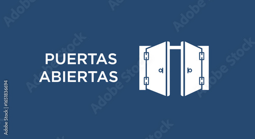 PUERTAS ABIERTAS. Icono de dos puertas abriéndose. Concepto de oportunidad, bienvenida y acceso. Ilustración vectorial minimalista.