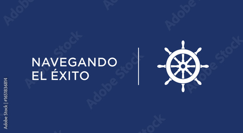 Navegando el exito. Concepto de liderazgo, direccion y estrategia empresarial con un timon de barco. Ilustracion vectorial sobre fondo azul.