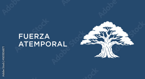 FUERZA ATEMPORAL. Logotipo con silueta de árbol robusto. Símbolo de naturaleza, crecimiento y estabilidad.