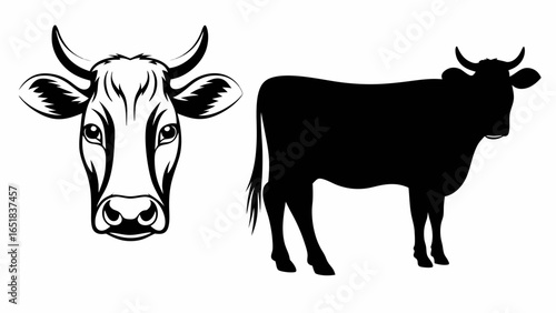 Illustration of a cow head with detailed features and a cow silhouette standing on a white background plain | editable eps vectors