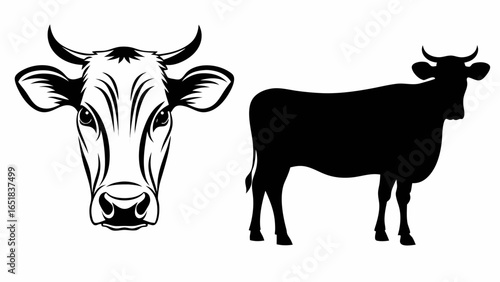 Illustration of a cow head with detailed line work and a cow silhouette in black on a white background | editable eps vectors