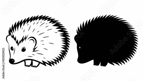 Illustration of two hedgehogs one in outline and one in solid black on a white background simple design | editable eps vectors silhouette