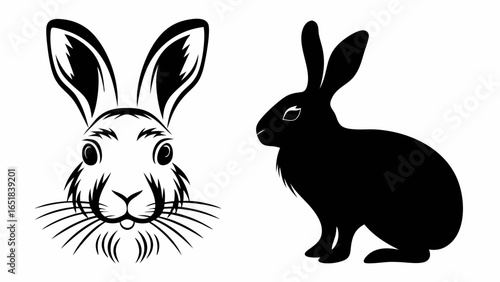 Illustration showing a rabbit head and a rabbit silhouette on a white background in black and white style | editable eps vectors