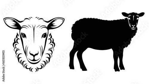 Illustration showing a sheep head with detailed wool and a full body sheep silhouette in black and white | editable eps vectors