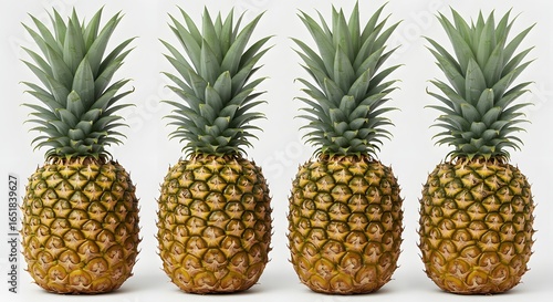 Four ripe pineapples lined up against a white backdrop, showcasing their freshness and texture
