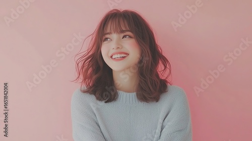 Cheerful Woman in Pastel Sweater