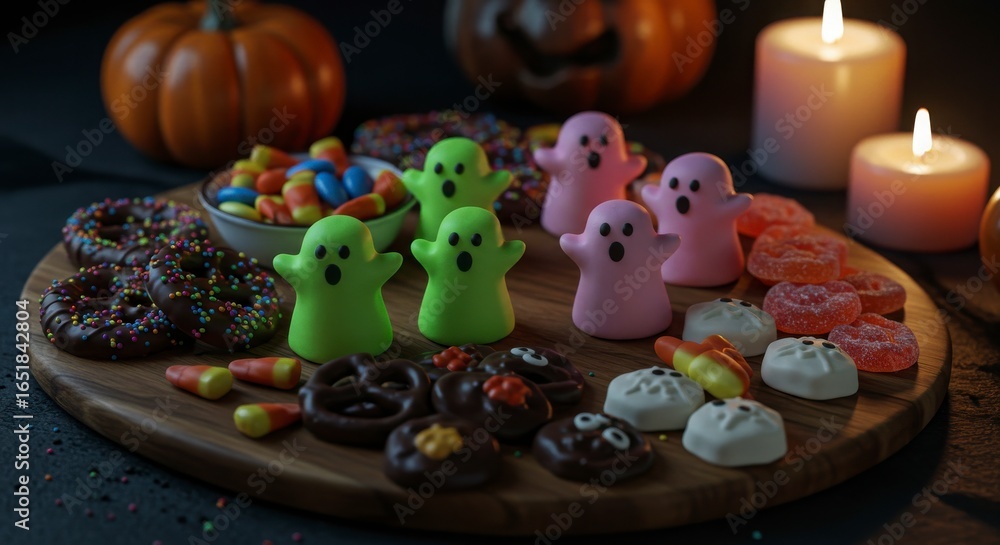 Fototapeta premium halloween spooky dessert board with neon marshmallow ghosts for a joyful halloween celebration