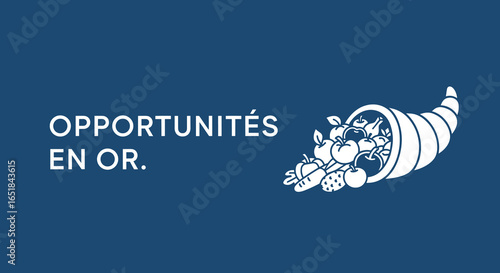 OPPORTUNITÉS EN OR. Corne d'abondance remplie de fruits et légumes. Illustration vectorielle de la récolte, de la prospérité et du succès sur fond bleu.